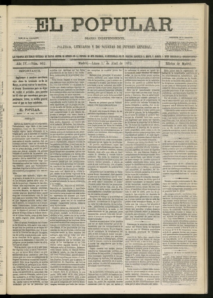 Miniatura de El Popular: diario independiente, político, literario y de noticias de interés general del 1 de abril de 1872, nº 862