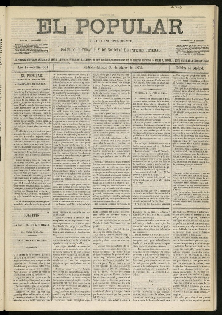 Miniatura de El Popular: diario independiente, político, literario y de noticias de interés general del 30 de marzo de 1872, nº 861
