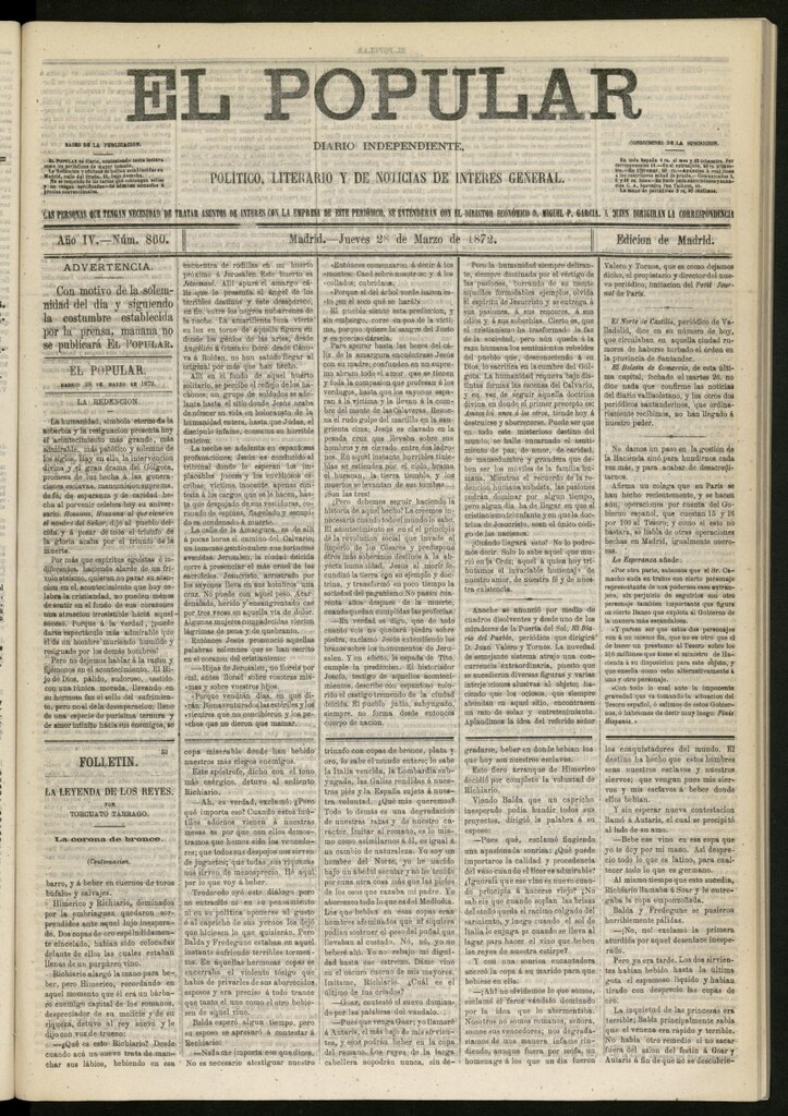 Miniatura de El Popular: diario independiente, político, literario y de noticias de interés general del 28 de marzo de 1872, nº 860