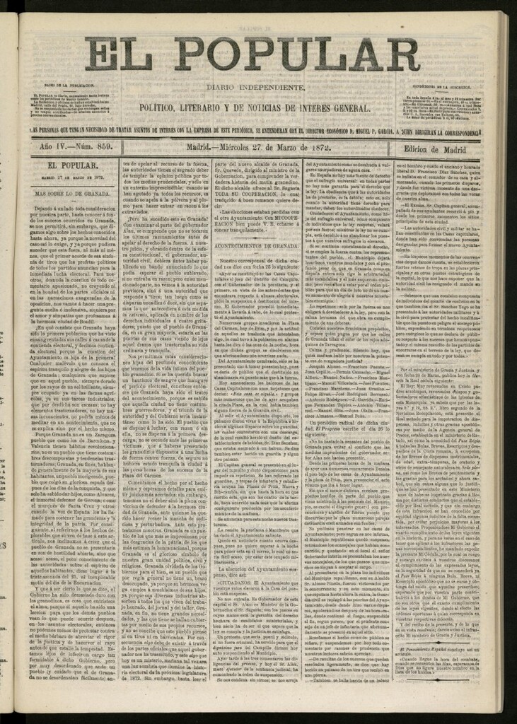 Miniatura de El Popular: diario independiente, político, literario y de noticias de interés general del 27 de marzo de 1872, nº 859