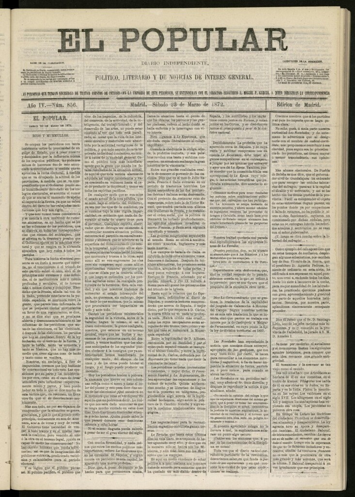 Miniatura de El Popular: diario independiente, político, literario y de noticias de interés general del 23 de marzo de 1872, nº 856