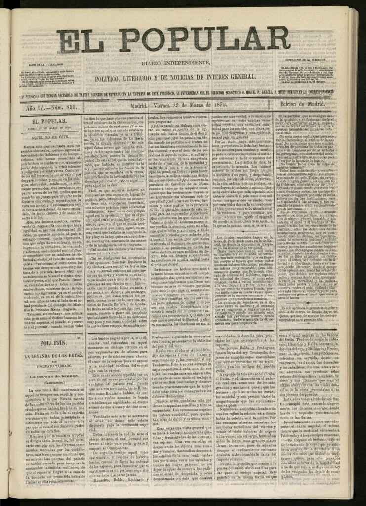 Miniatura de El Popular: diario independiente, político, literario y de noticias de interés general del 22 de marzo de 1872, nº 855