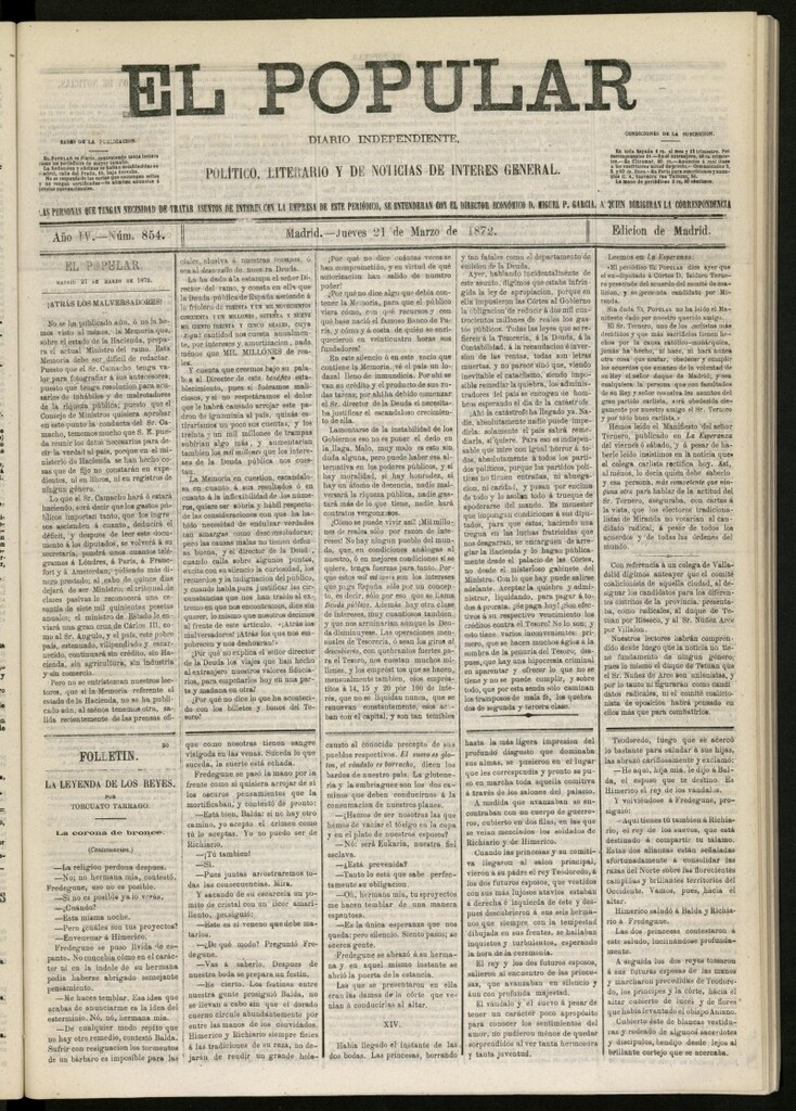 Miniatura de El Popular: diario independiente, político, literario y de noticias de interés general del 21 de marzo de 1872, nº 854