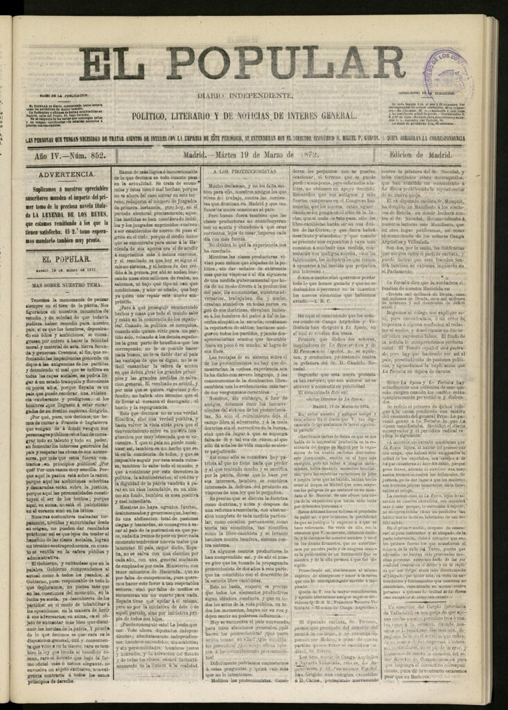 Miniatura de El Popular: diario independiente, político, literario y de noticias de interés general del 19 de marzo de 1872, nº 852