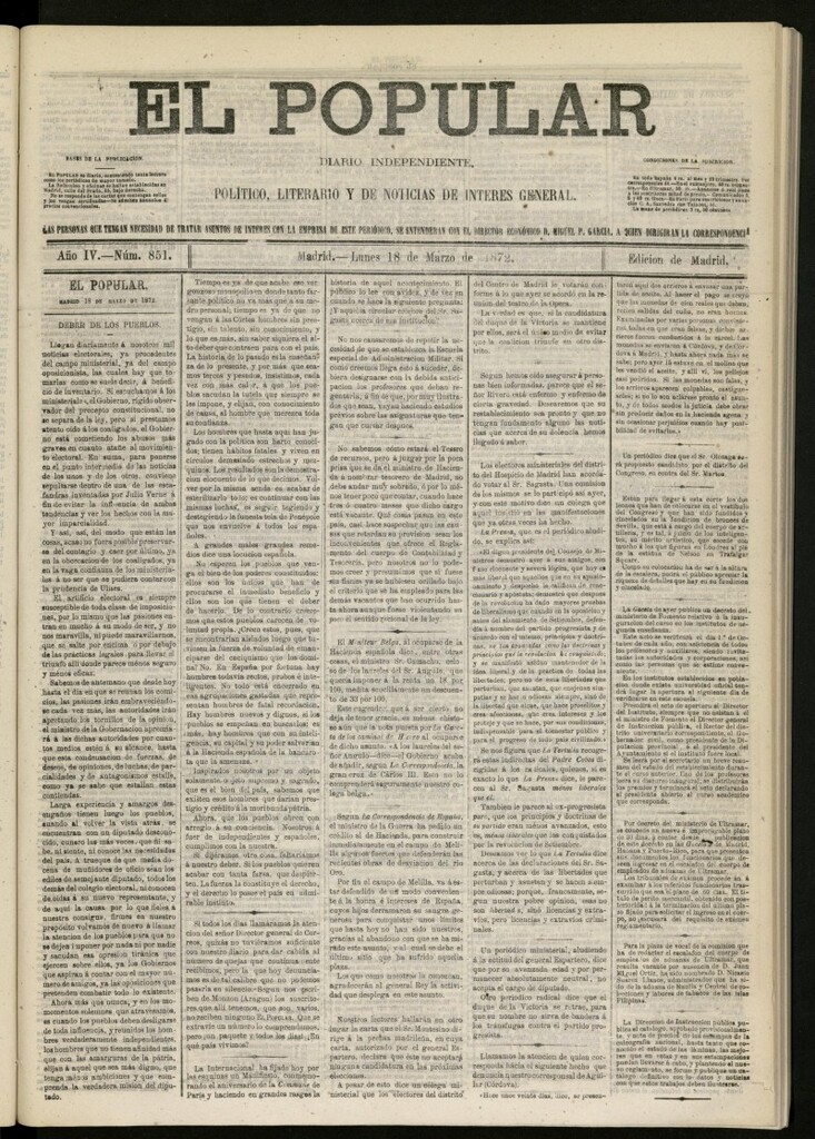 Miniatura de El Popular: diario independiente, político, literario y de noticias de interés general del 18 de marzo de 1872, nº 851