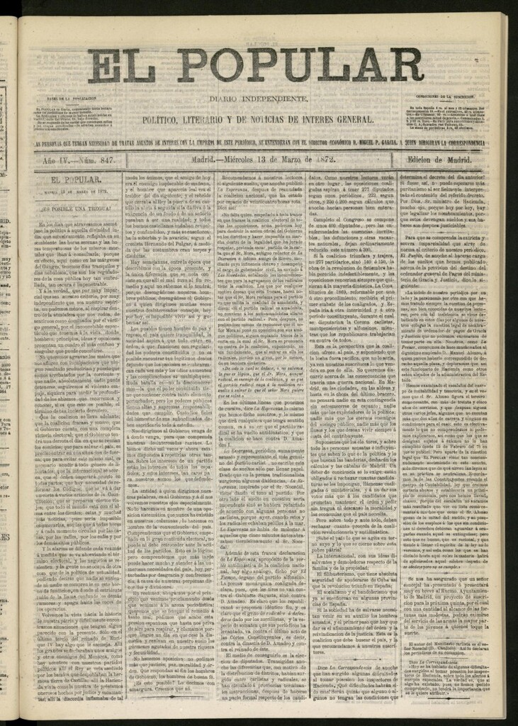 Miniatura de El Popular: diario independiente, político, literario y de noticias de interés general del 13 de marzo de 1872, nº 847