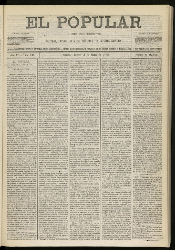 Miniatura de El Popular: diario independiente, político, literario y de noticias de interés general del 14 de marzo de 1872, nº 848