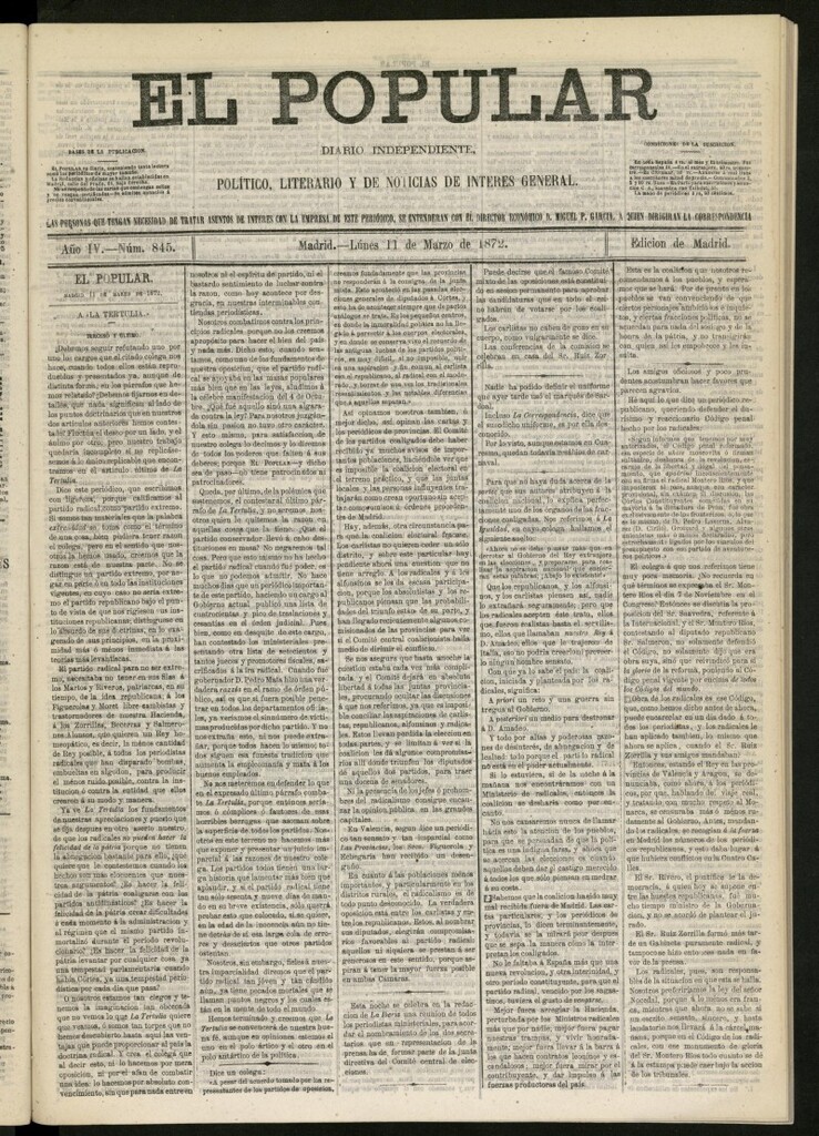 Miniatura de El Popular: diario independiente, político, literario y de noticias de interés general del 11 de marzo de 1872, nº 845