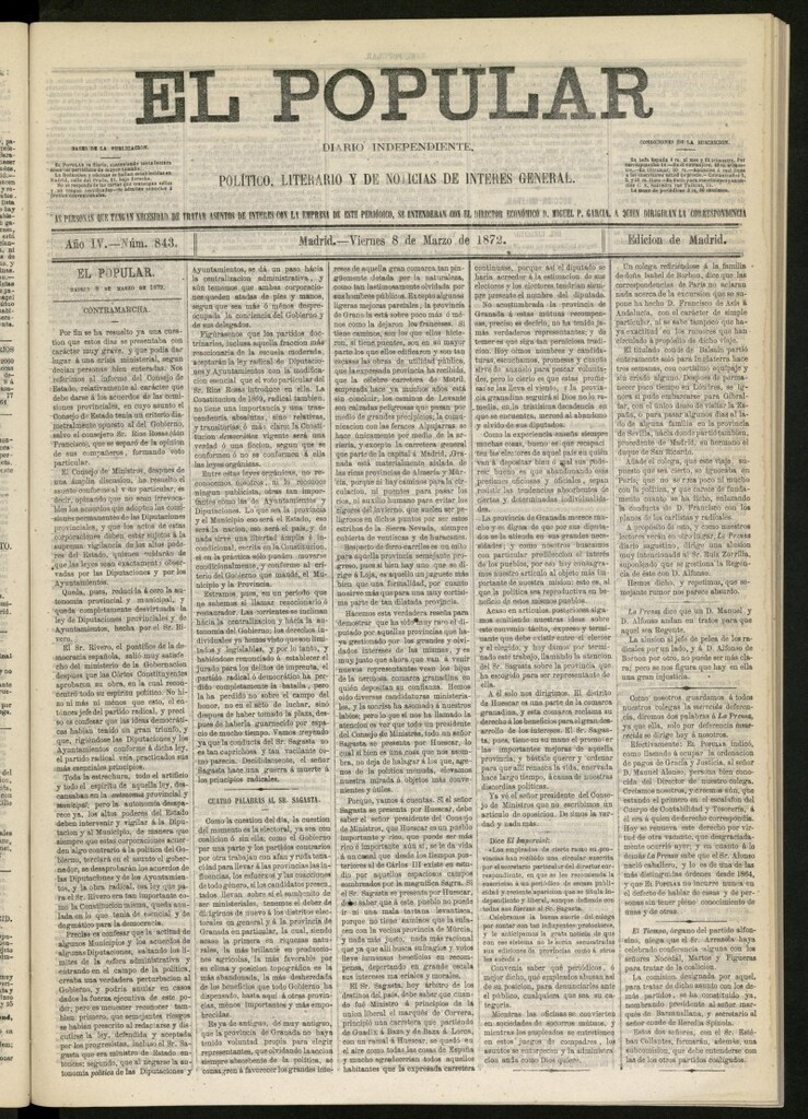Miniatura de El Popular: diario independiente, político, literario y de noticias de interés general del 8 de marzo de 1872, nº 843