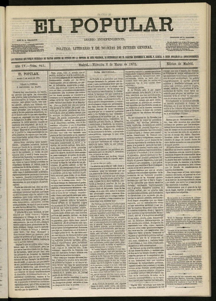 Miniatura de El Popular: diario independiente, político, literario y de noticias de interés general del 6 de marzo de 1872, nº 841