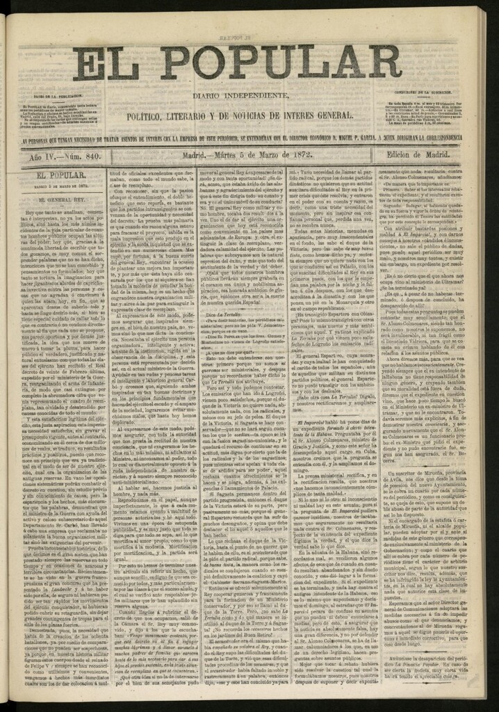 Miniatura de El Popular: diario independiente, político, literario y de noticias de interés general del 5 de marzo de 1872, nº 840