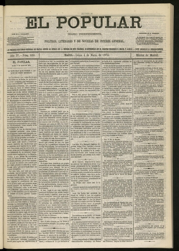 Miniatura de El Popular: diario independiente, político, literario y de noticias de interés general del 4 de marzo de 1872, nº 839