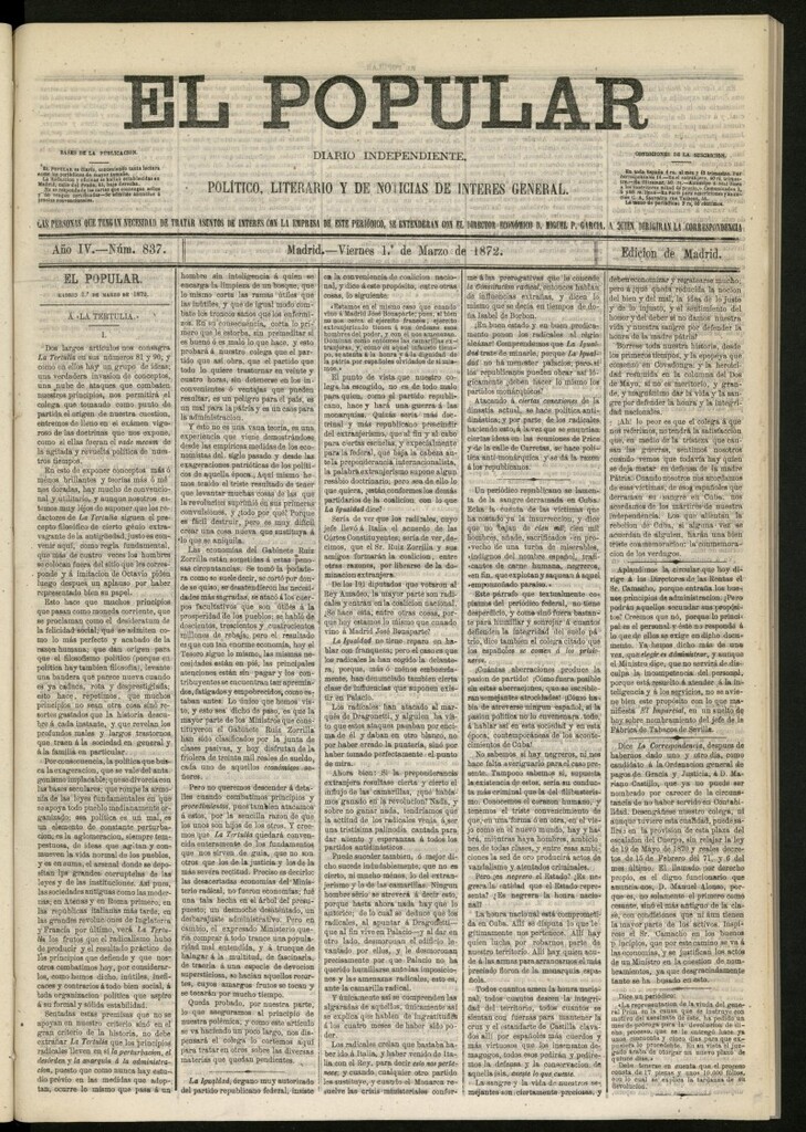 Miniatura de El Popular: diario independiente, político, literario y de noticias de interés general del 1 de marzo de 1872, nº 837
