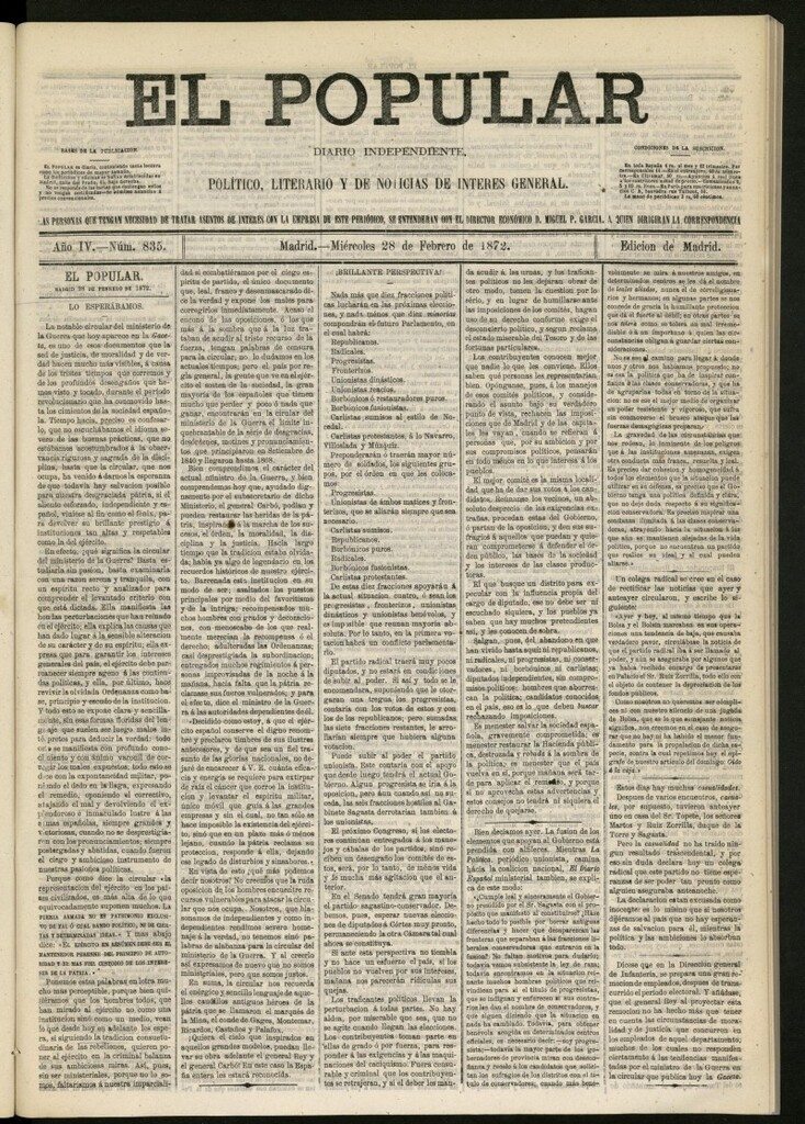 Miniatura de El Popular: diario independiente, político, literario y de noticias de interés general del 28 de febrero de 1872, nº 835