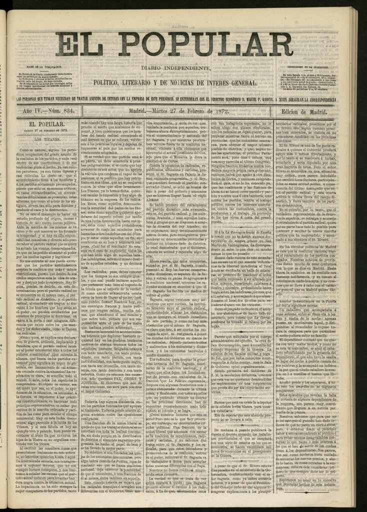 Miniatura de El Popular: diario independiente, político, literario y de noticias de interés general del 27 de febrero de 1872, nº 834
