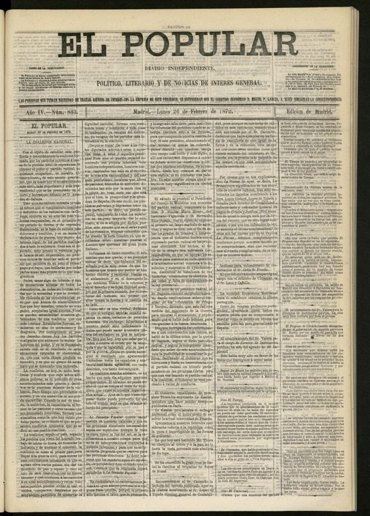 Miniatura de El Popular: diario independiente, político, literario y de noticias de interés general del 26 de febrero de 1872, nº 833