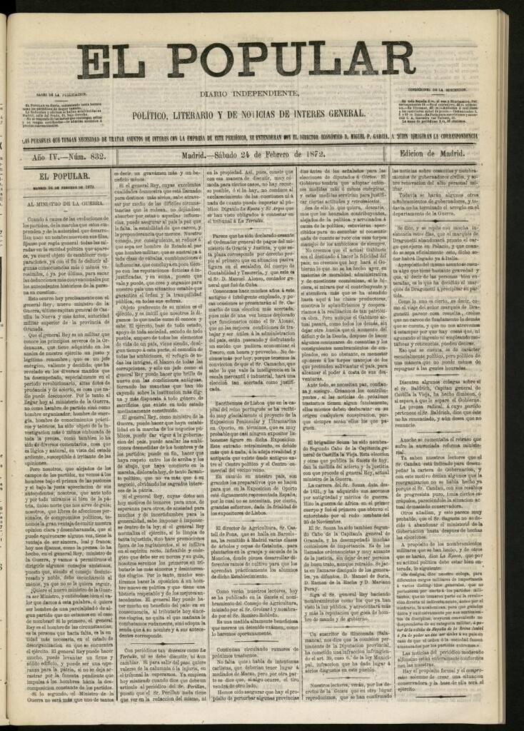 Miniatura de El Popular: diario independiente, político, literario y de noticias de interés general del 24 de febrero de 1872, nº 832