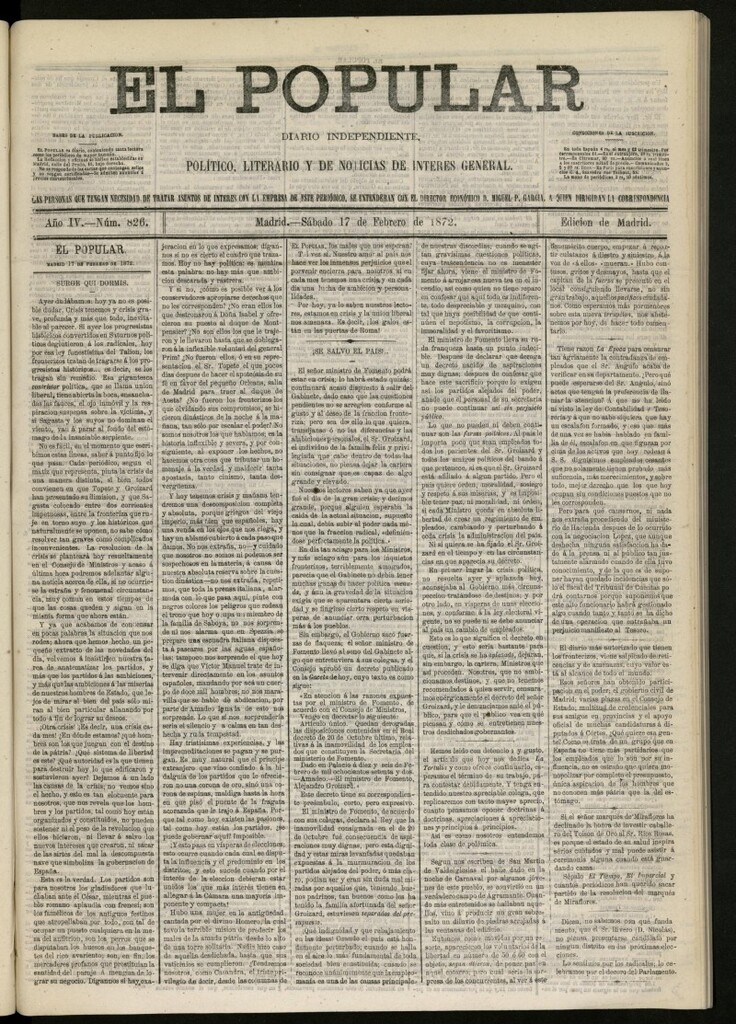 Miniatura de El Popular: diario independiente, político, literario y de noticias de interés general del 17 de febrero de 1872, nº 826