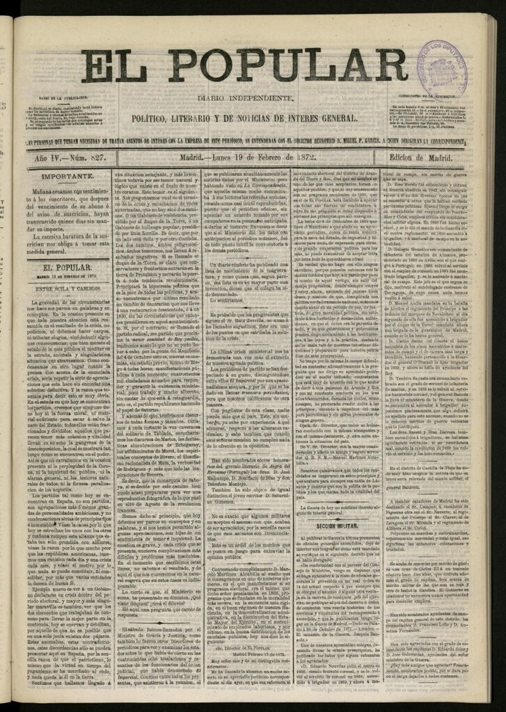 Miniatura de El Popular: diario independiente, político, literario y de noticias de interés general del 19 de febrero de 1872, nº 827