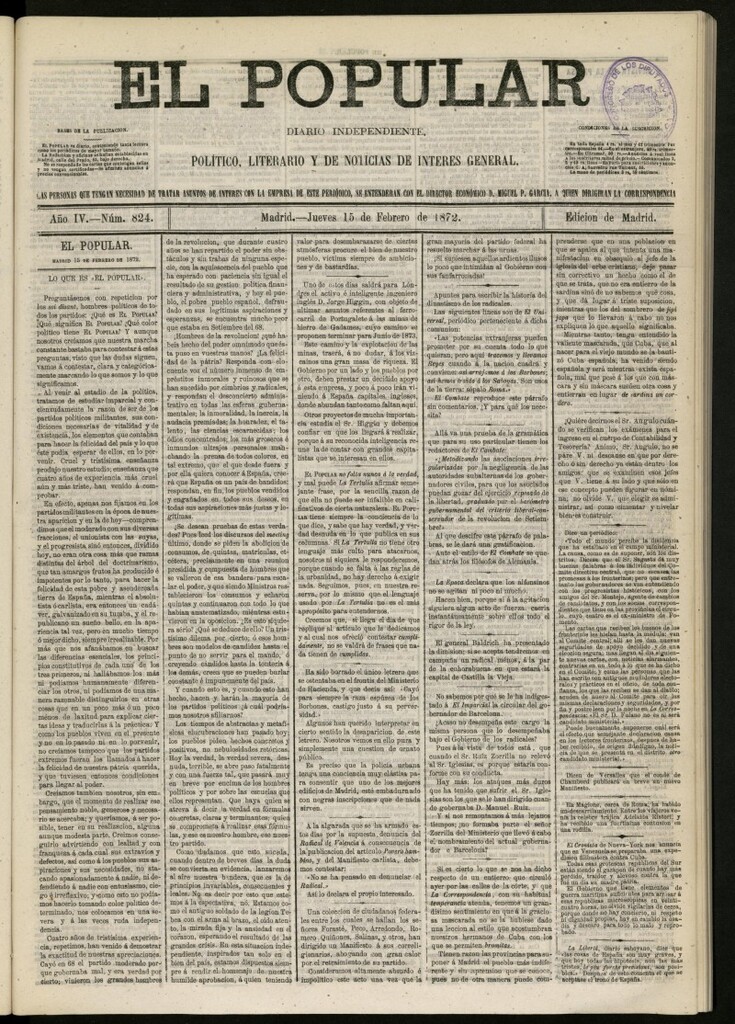 Miniatura de El Popular: diario independiente, político, literario y de noticias de interés general del 15 de febrero de 1872, nº 824