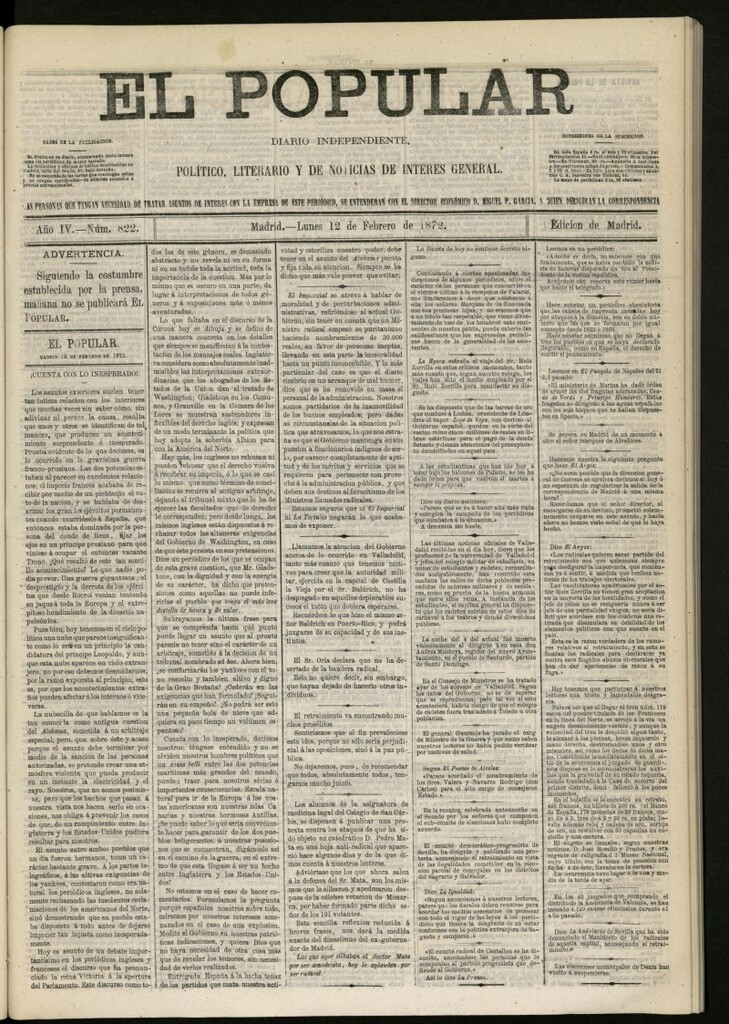 Miniatura de El Popular: diario independiente, político, literario y de noticias de interés general del 12 de febrero de 1872, nº 822