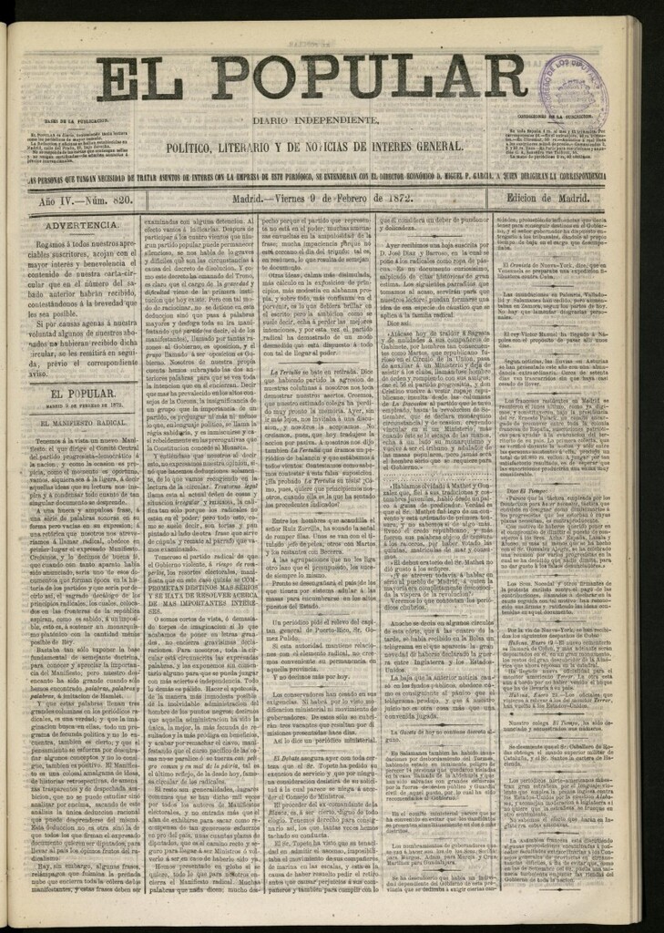 Miniatura de El Popular: diario independiente, político, literario y de noticias de interés general del 9 de febrero de 1872, nº 820