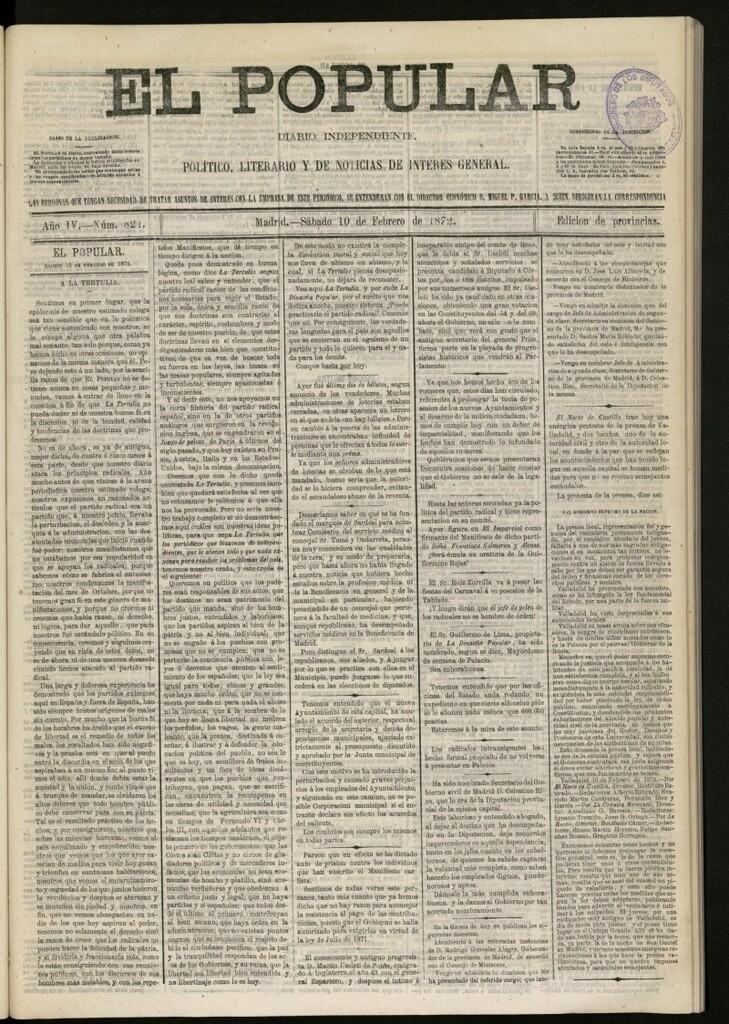 Miniatura de El Popular: diario independiente, político, literario y de noticias de interés general del 10 de febrero de 1872, nº 821