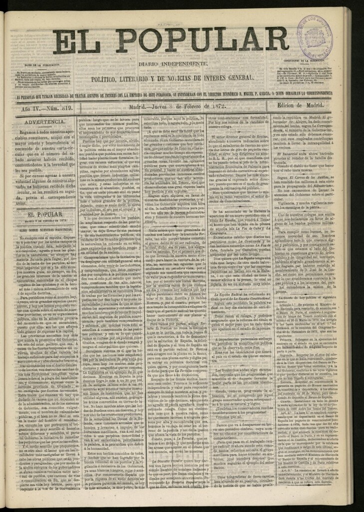 Miniatura de El Popular: diario independiente, político, literario y de noticias de interés general del 8 de febrero de 1872, nº 819