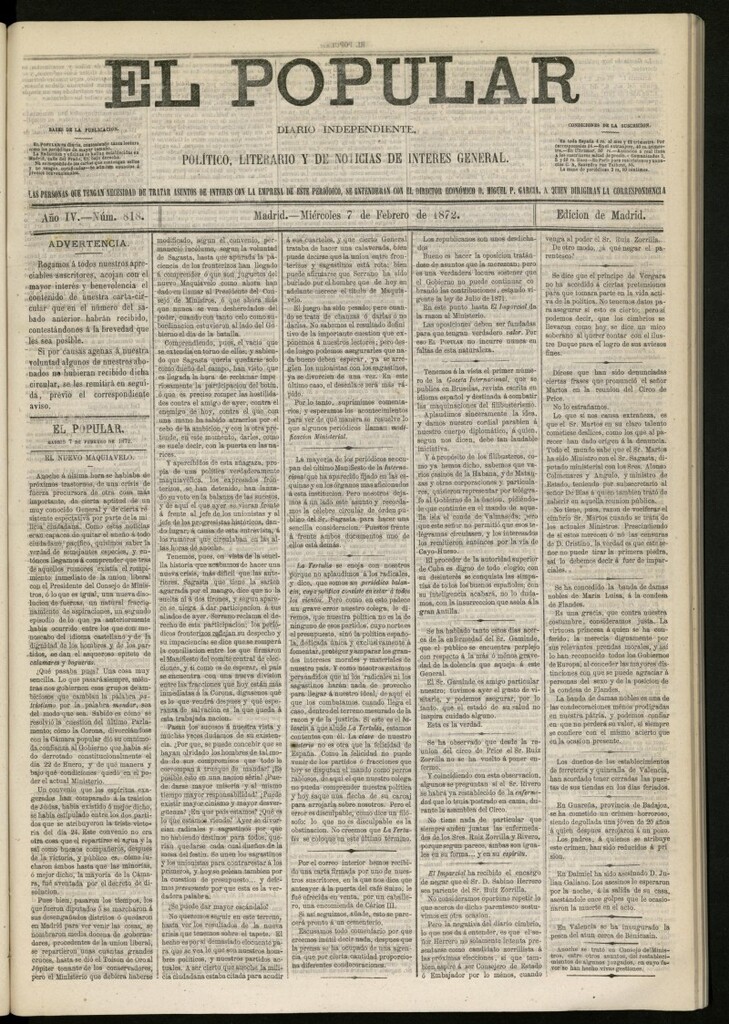 Miniatura de El Popular: diario independiente, político, literario y de noticias de interés general del 7 de febrero de 1872, nº 818