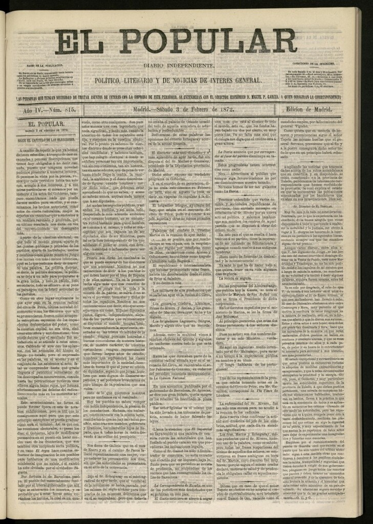 Miniatura de El Popular: diario independiente, político, literario y de noticias de interés general del 3 de febrero de 1872, nº 815