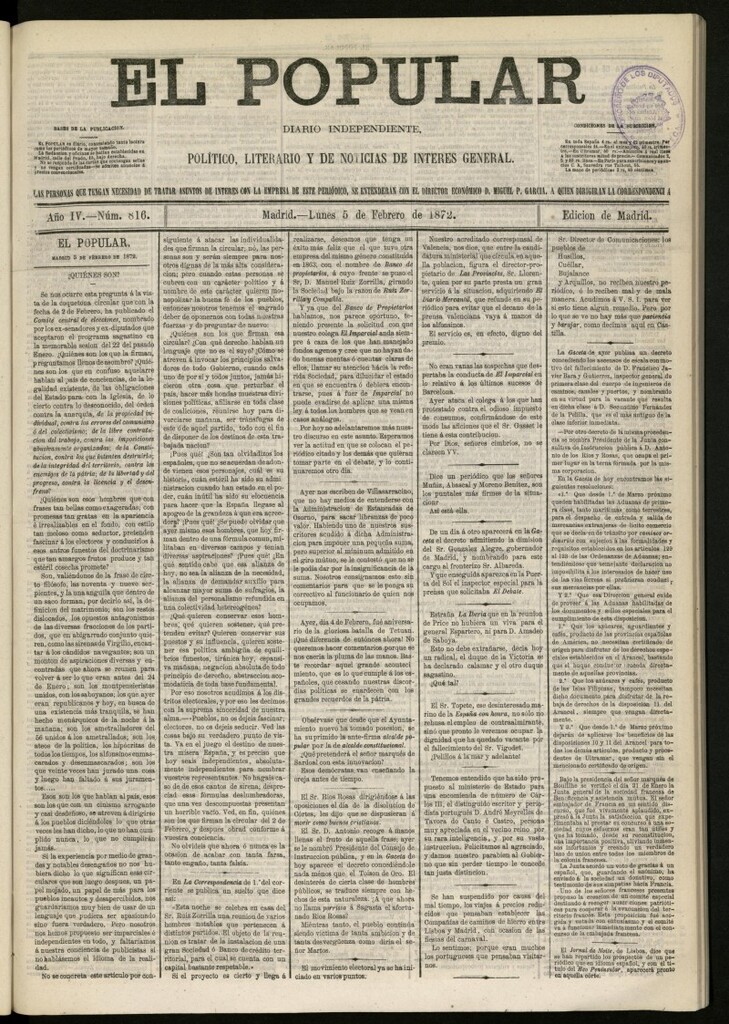Miniatura de El Popular: diario independiente, político, literario y de noticias de interés general del 5 de febrero de 1872, nº 816