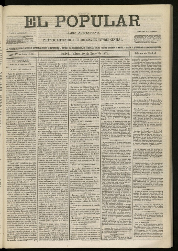 Miniatura de El Popular: diario independiente, político, literario y de noticias de interés general del 30 de enero de 1872, nº 812