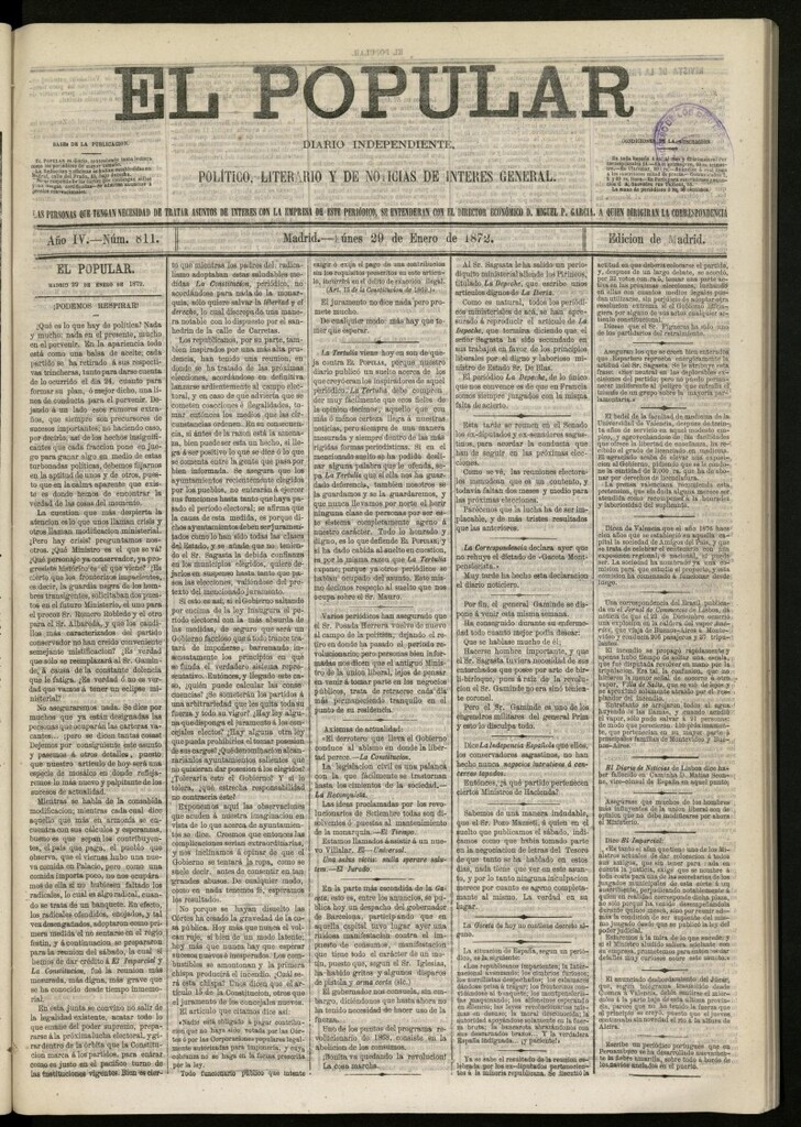 Miniatura de El Popular: diario independiente, político, literario y de noticias de interés general del 29 de enero de 1872, nº 811