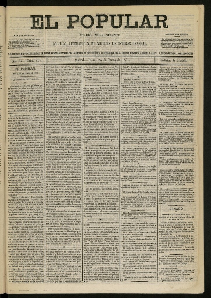 Miniatura de El Popular: diario independiente, político, literario y de noticias de interés general del 25 de enero de 1872, nº 808