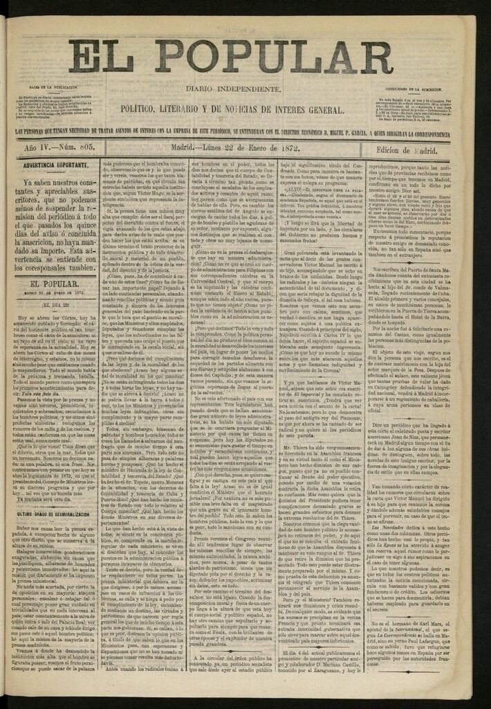 Miniatura de El Popular: diario independiente, político, literario y de noticias de interés general del 22 de enero de 1872, nº 805