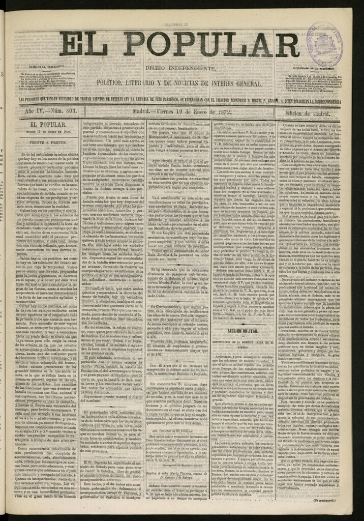 Miniatura de El Popular: diario independiente, político, literario y de noticias de interés general del 19 de enero de 1872, nº 803