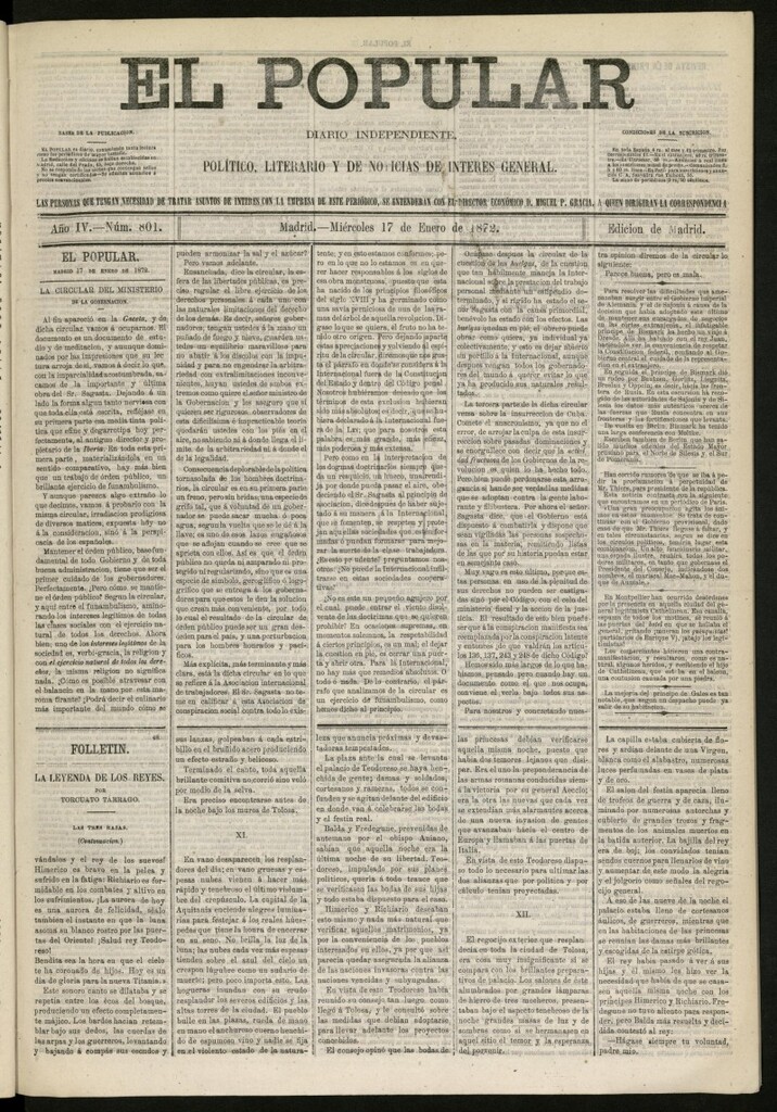 Miniatura de El Popular: diario independiente, político, literario y de noticias de interés general del 17 de enero de 1872, nº 801