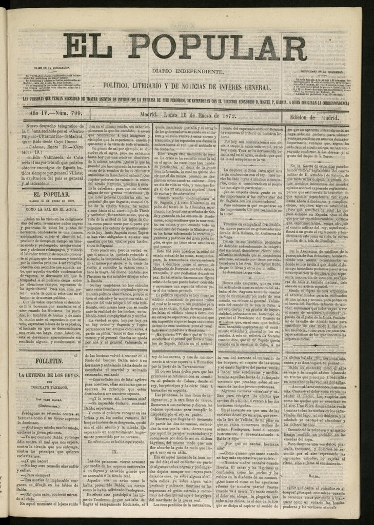 Miniatura de El Popular: diario independiente, político, literario y de noticias de interés general del 15 de enero de 1872, nº 799