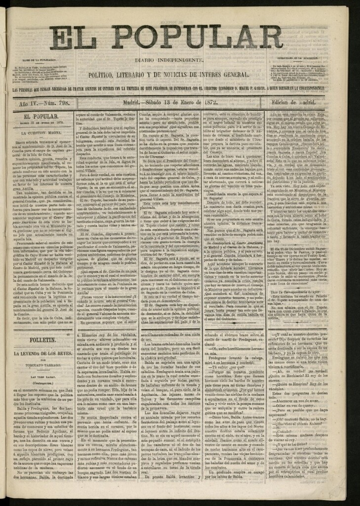 Miniatura de El Popular: diario independiente, político, literario y de noticias de interés general del 13 de enero de 1872, nº 798