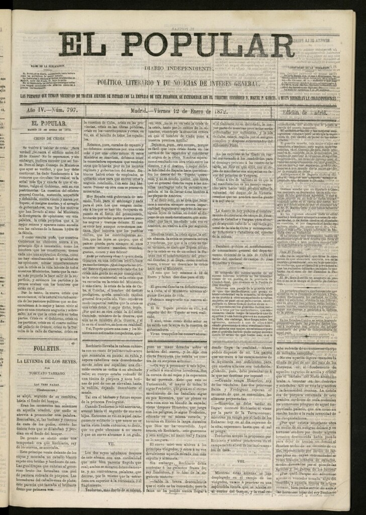 Miniatura de El Popular: diario independiente, político, literario y de noticias de interés general del 12 de enero de 1872, nº 797