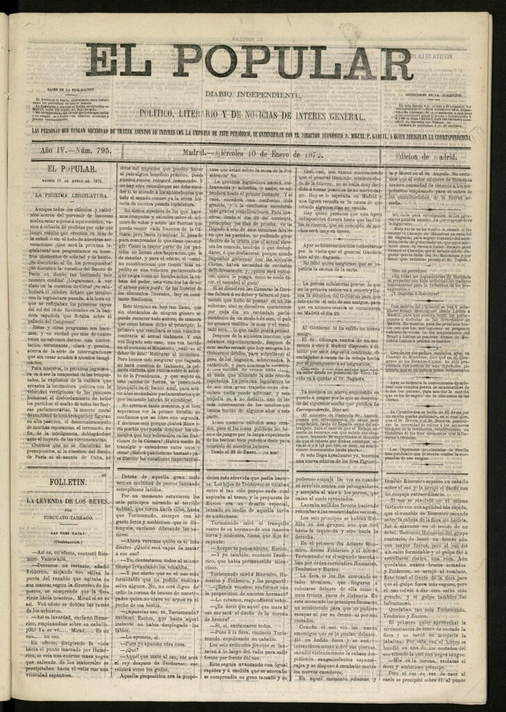 Miniatura de El Popular: diario independiente, político, literario y de noticias de interés general del 10 de enero de 1872, nº 795