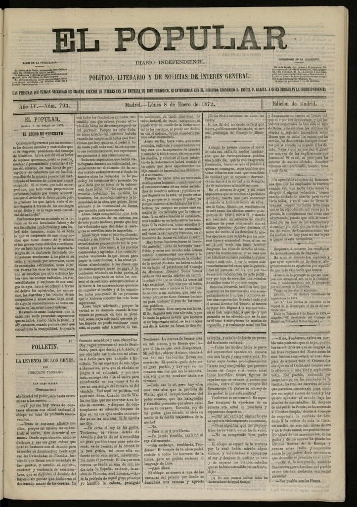 Miniatura de El Popular: diario independiente, político, literario y de noticias de interés general del 8 de enero de 1872, nº 793