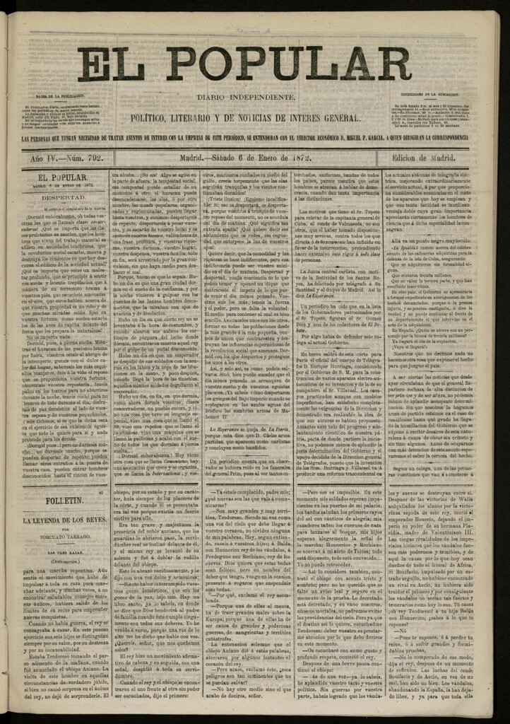 Miniatura de El Popular: diario independiente, político, literario y de noticias de interés general del 6 de enero de 1872, nº 792