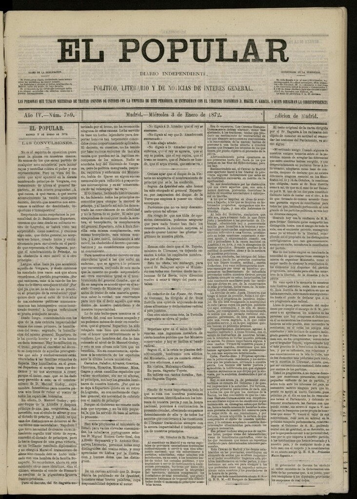 Miniatura de El Popular: diario independiente, político, literario y de noticias de interés general del 3 de enero de 1872, nº 789