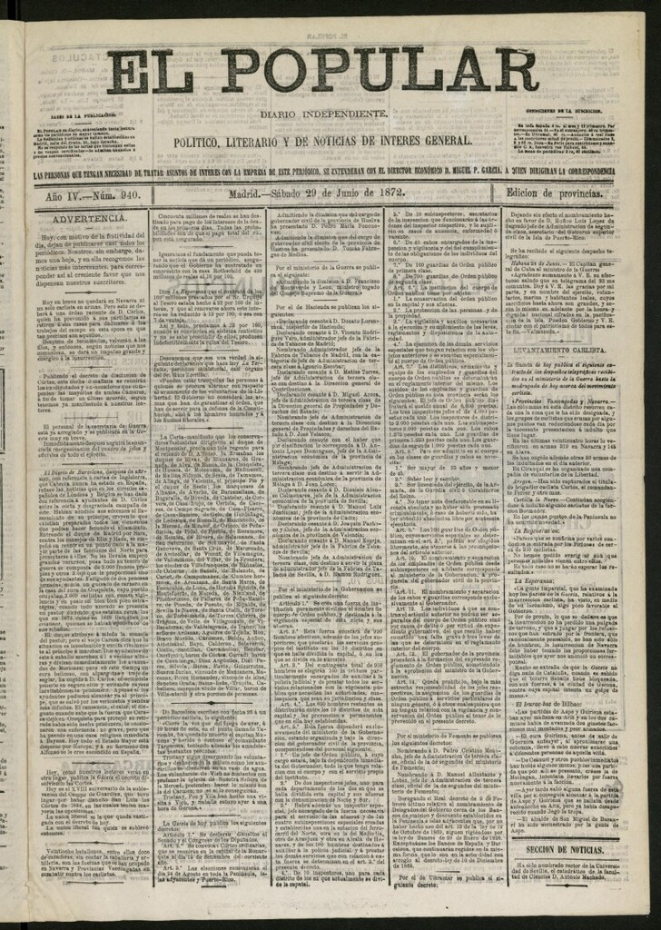 Miniatura de El Popular: diario independiente, político, literario y de noticias de interés general del 29 de junio de 1872, nº 940