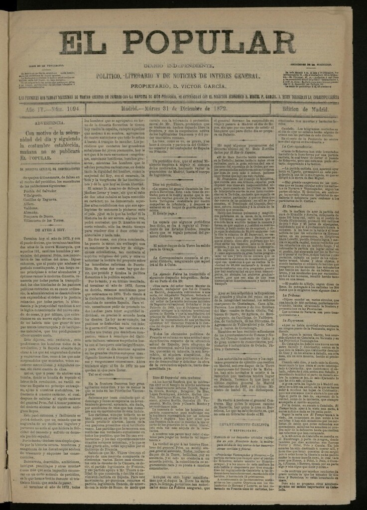 Miniatura de El Popular: diario independiente, político, literario y de noticias de interés general del 31 de diciembre de 1872, nº 1094