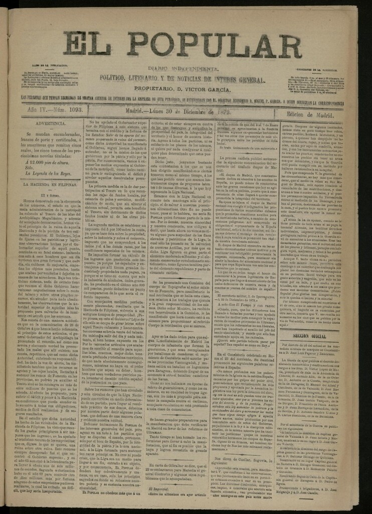 Miniatura de El Popular: diario independiente, político, literario y de noticias de interés general del 30 de diciembre de 1872, nº 1093