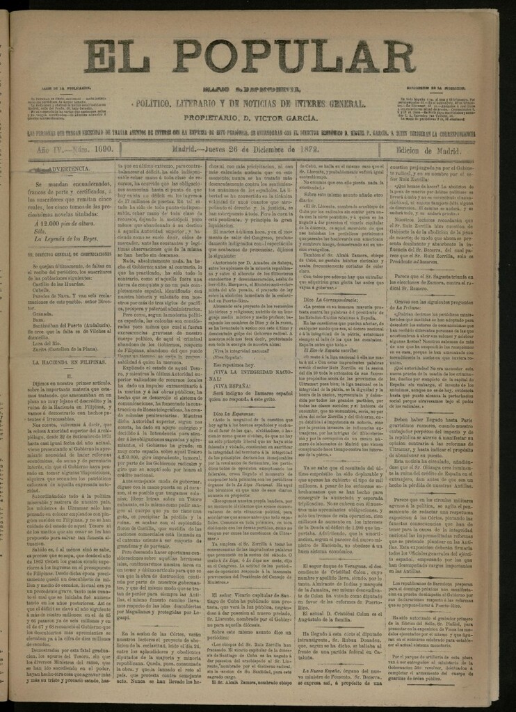 Miniatura de El Popular: diario independiente, político, literario y de noticias de interés general del 26 de diciembre de 1872, nº 1090