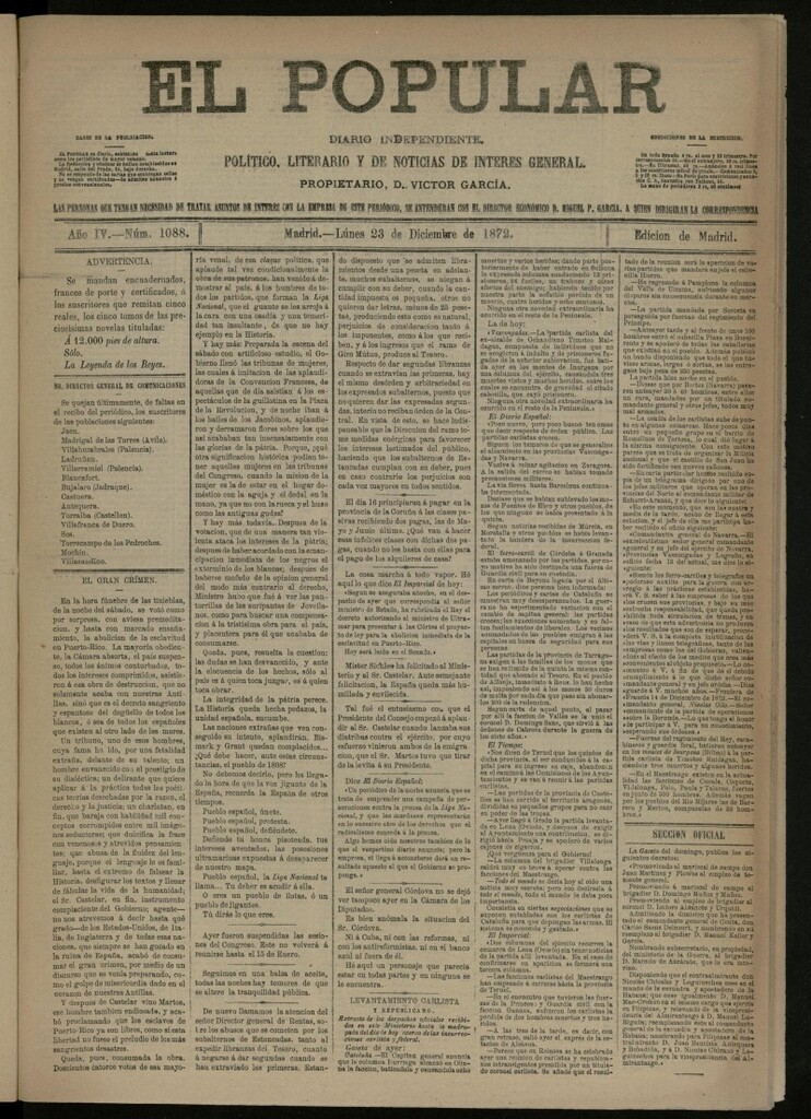 Miniatura de El Popular: diario independiente, político, literario y de noticias de interés general del 23 de diciembre de 1872, nº 1088