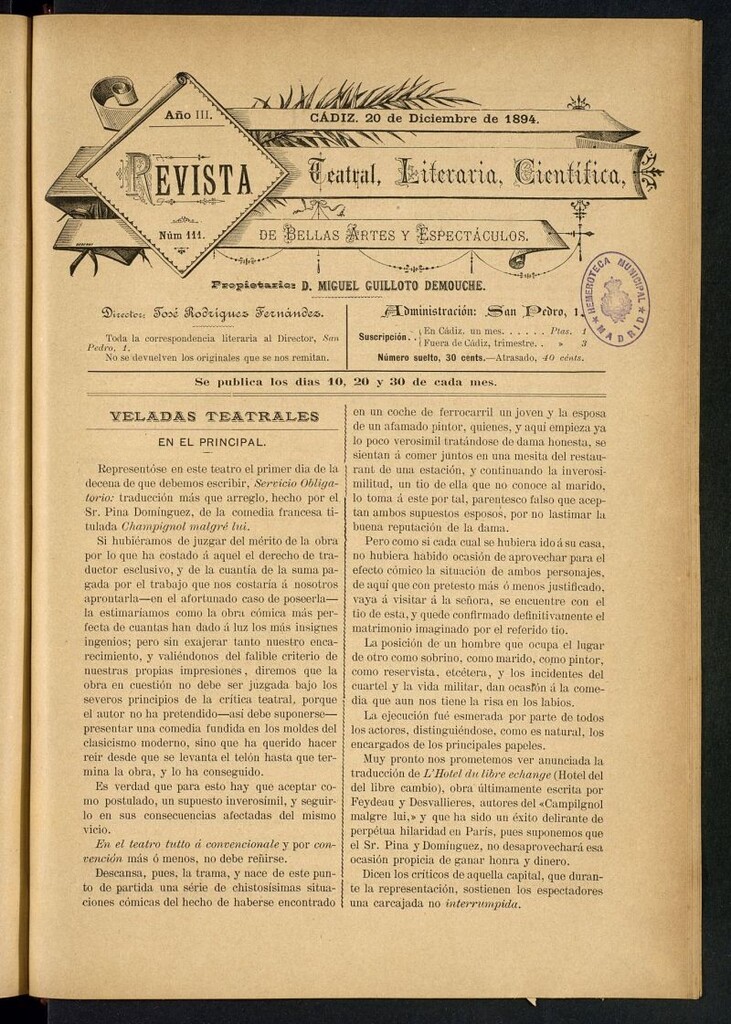 Miniatura de Revista Teatral, Literaria, Científica, de Bellas Artes y Espectáculos. Nº 111